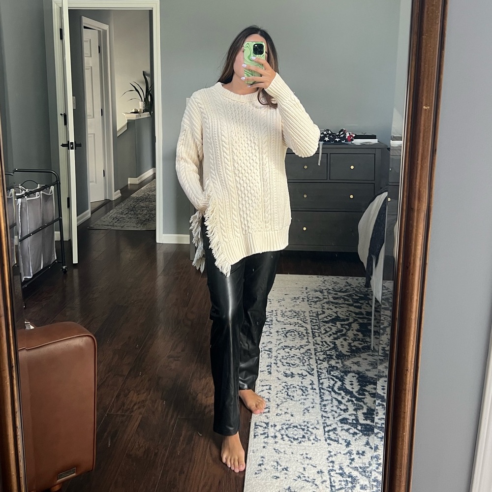 Cozy Cable Knit Sweater with Fringe Slit